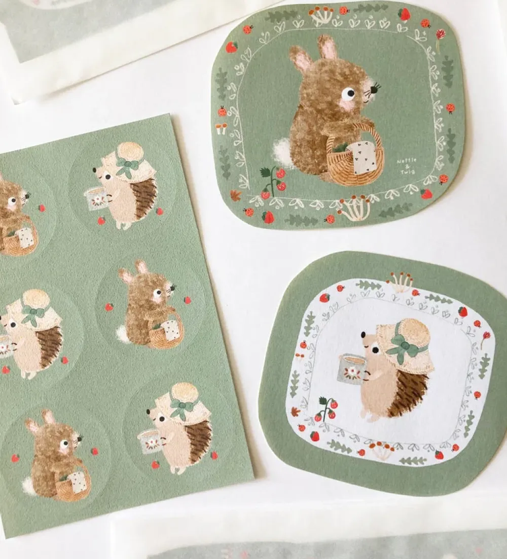 Handmade Paper Stickers - Hedgehog & Bunny|Cottontails Baby Hot