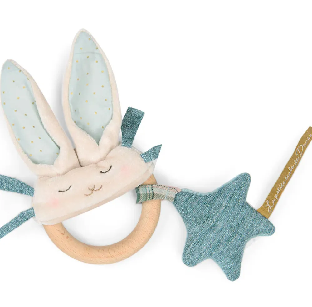 Moulin Roty wooden ring rattle - blue & cream rabbit|Cottontails Baby New