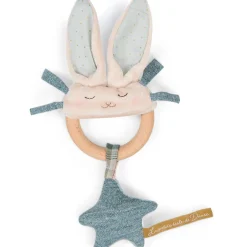 Moulin Roty wooden ring rattle - blue & cream rabbit|Cottontails Baby New