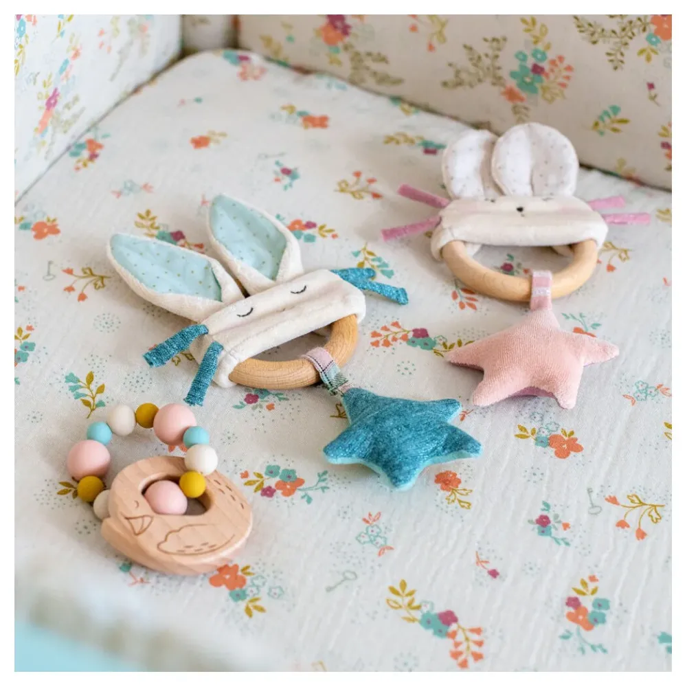 Moulin Roty wooden ring rattle - blue & cream rabbit|Cottontails Baby New