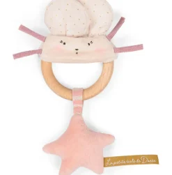 Moulin Roty wooden ring rattle - pink & cream mouse|Cottontails Baby Clearance