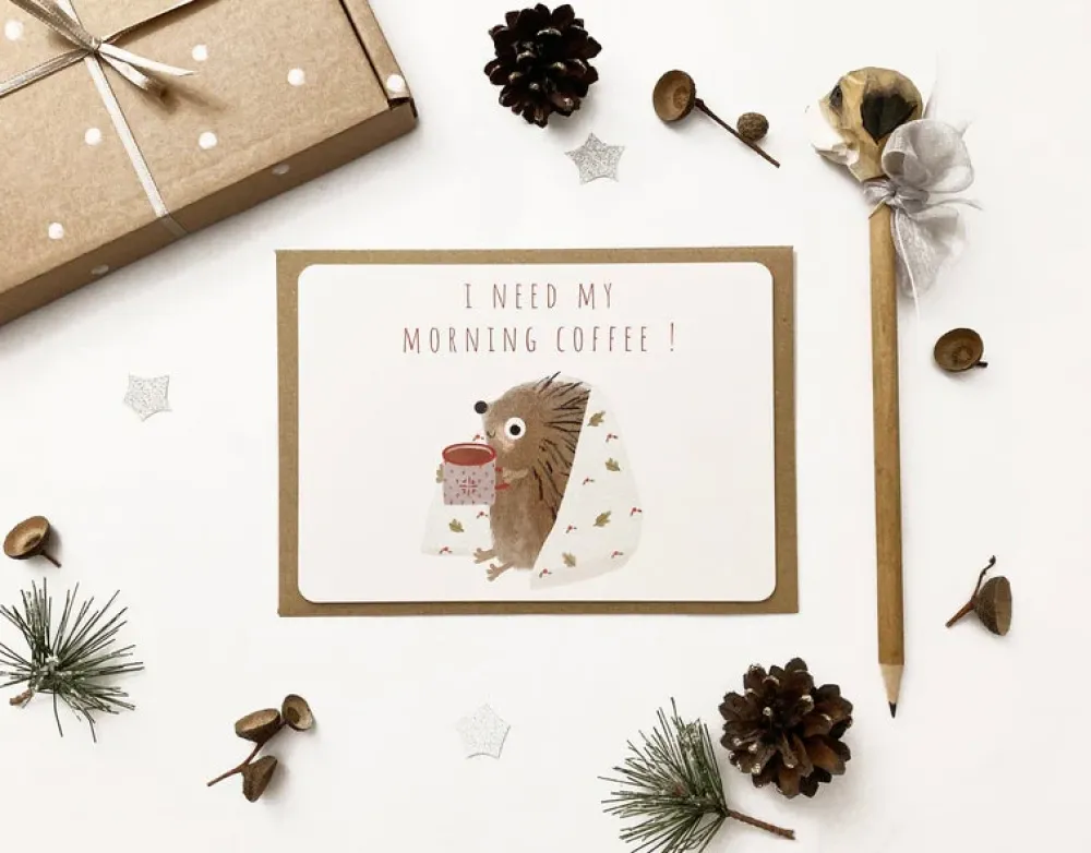 Postcard & Envelope - Hedgehog & Morning Coffee|Cottontails Baby Clearance